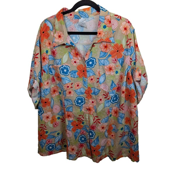 JMS Just My Size Button Up Top Floral Vacation Linen Blend Size 3X 22W/24W - Picture 1 of 8